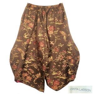 Krista Larson | Silk Floral & Bird Print Embroidered Pants | Wearable Art